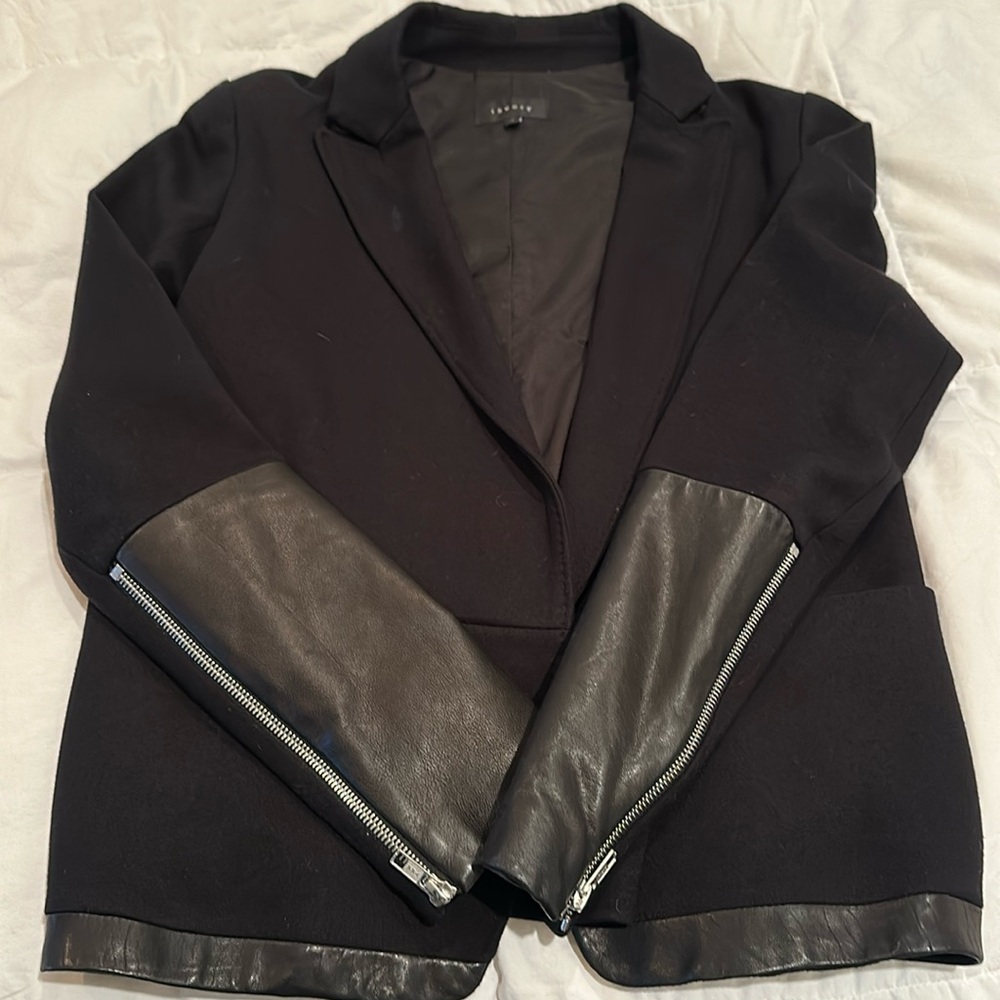 Black theory blazer with leather accent and zipper sleeves size 4